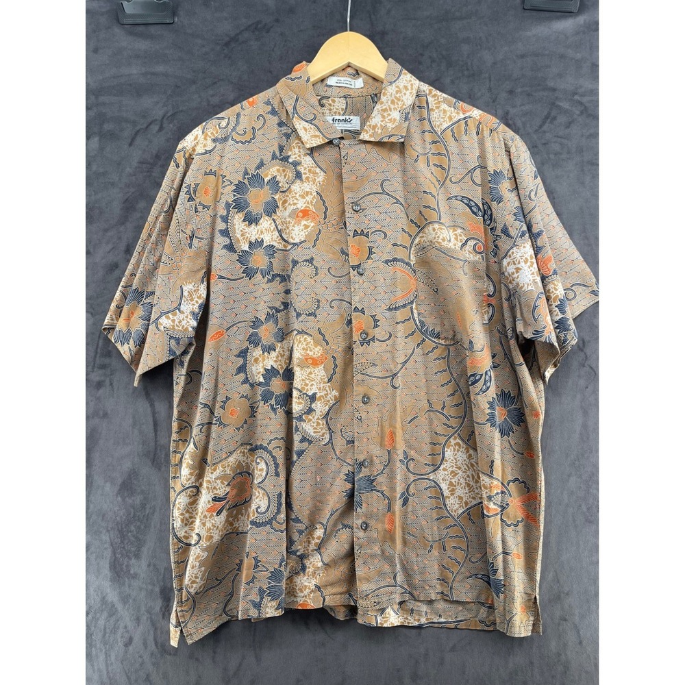 Vintage Franks King Size Enro Mens Cotton Batik Floral Short Sleeve Shirt Tan XL